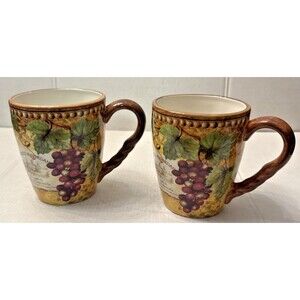 Susan Winget Certified International Gilded Wine (2) Mugs Grapes Vineyard Discon
